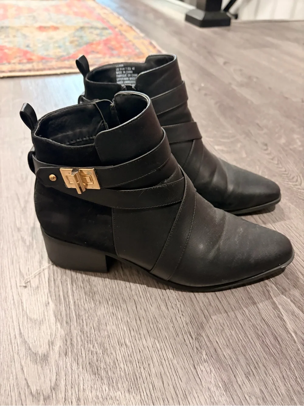 Black Ankle Booties with Gold Buckle - Women